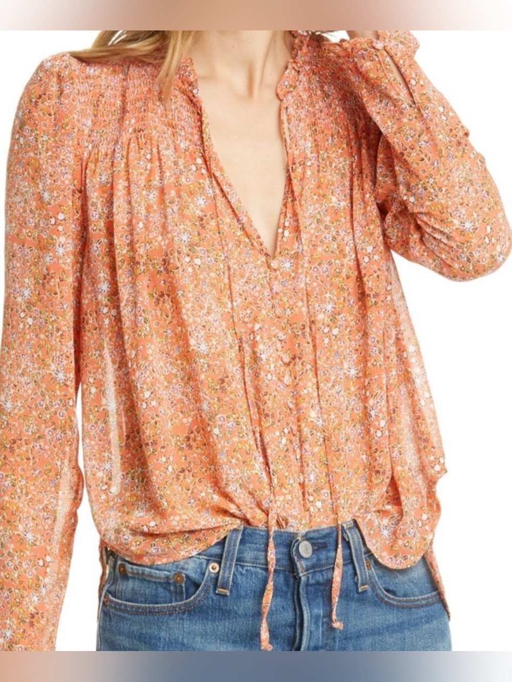 Free People Orange Floral Peasant Blouse